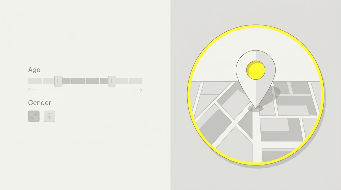 Demographic filters such as age and gender fade out, while location targeting with a radius around the neighbourhood stays active.