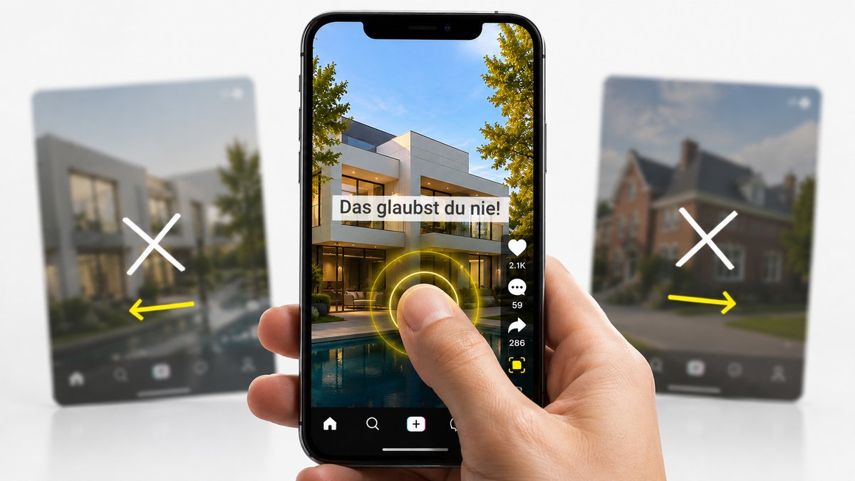 Daumen stoppt beim Swipen auf einem Smartphone mit einem fesselnden Listing-Video; verschwommene, weggeswipte Listings im Hintergrund.