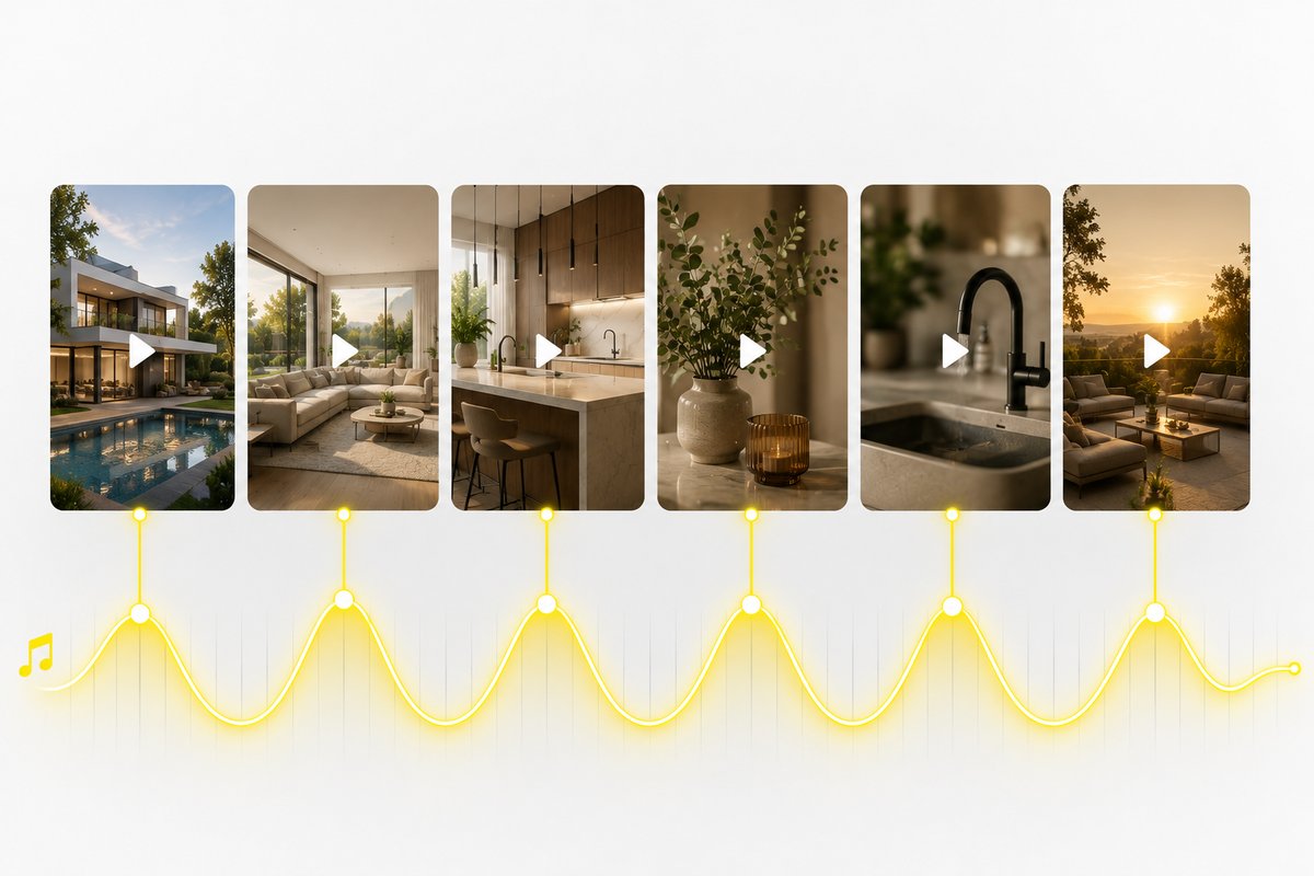 Six video frames of a home, each cut on a peak of the music waveform.